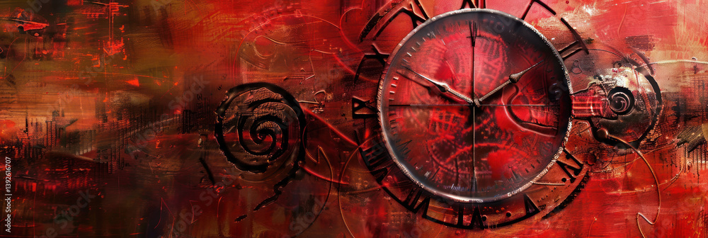 Naklejka premium Abstract interpretation of a red clock with spiral patterns and futuristic accents