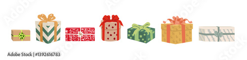Set of gift boxes in festive wrapping paper with ribbon and bows. Collection of different presents for Christmas holiday. Many various giftboxes. Vector flat illustration isolated