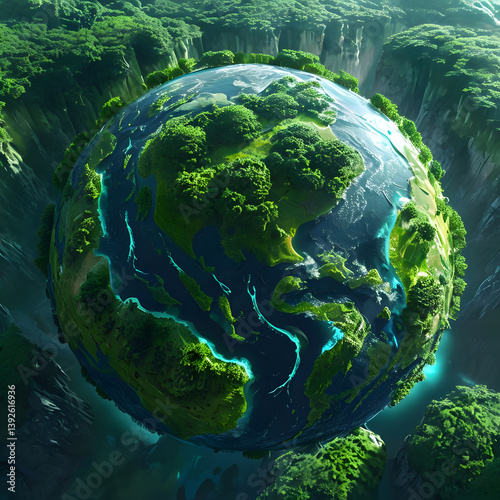 green planet earth on white background, Fantastical Globe View of Earth Surrounded by Lush Forests