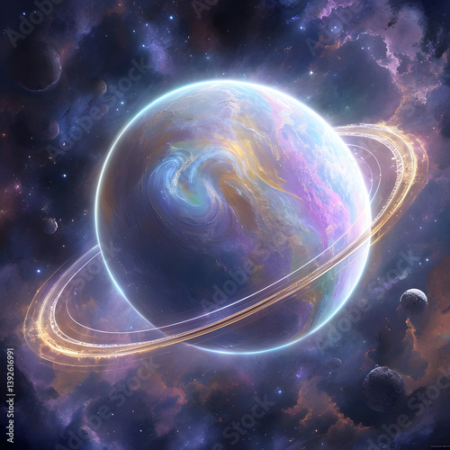 planet in space, Fantastical Cosmic Scene With Vibrant Planet And Rings