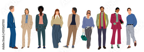 Set of stylish young men and women wearing autumn street fashion outfit. Different business people in smart casual warm clothes. Vector realistic illustrations isolated 