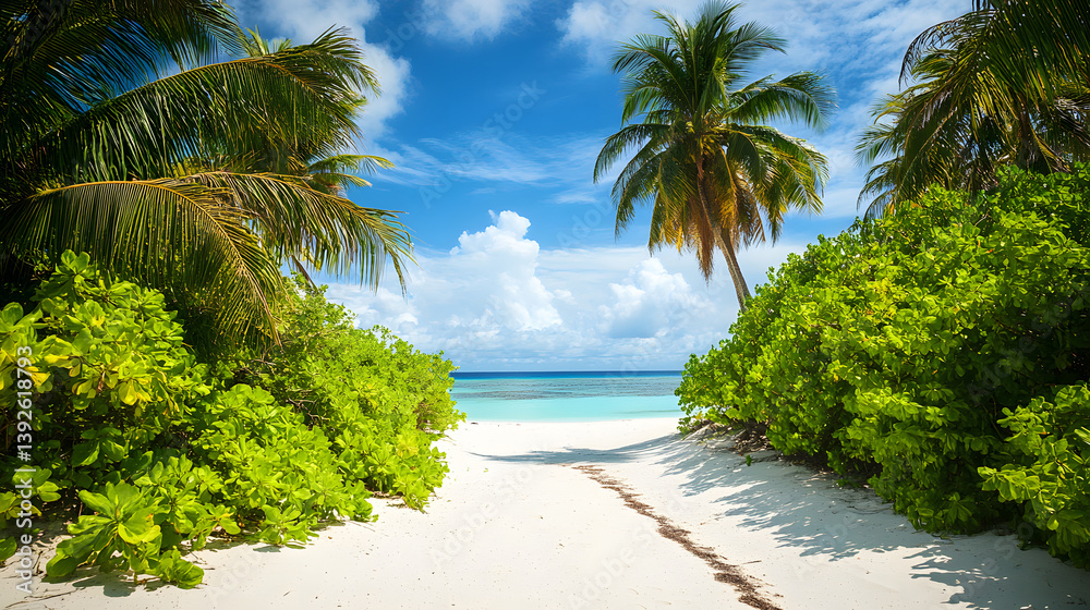 A picturesque island beach with lush greenery, swaying palms, and a secret path. A picturesque island beach with lush greenery, swaying palms, and a secret path.