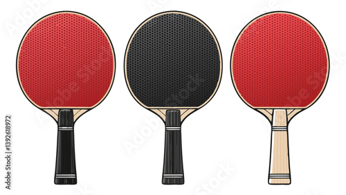 Three Ping Pong Paddles Sport Equipment Isolated On White Background Illustration