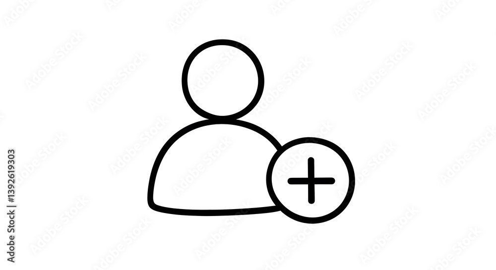 Black outline of a person icon with a plus sign, indicating add user. Black outline of a person icon with a plus sign, indicating add user.