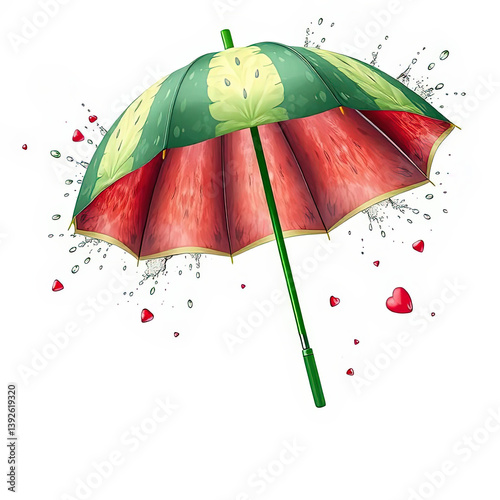 Colorful umbrella design with watermelon pattern and heart shapes around it Generative AI