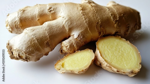 Fresh ginger root with sliced pieces, displaying its pale yellow interior and textured skin. A natural, culinary ingredient