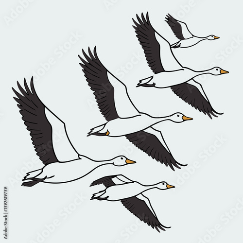 A vector illustration of a V-shape flying flock of migratory geese, showcasing their graceful flight formation in nature.