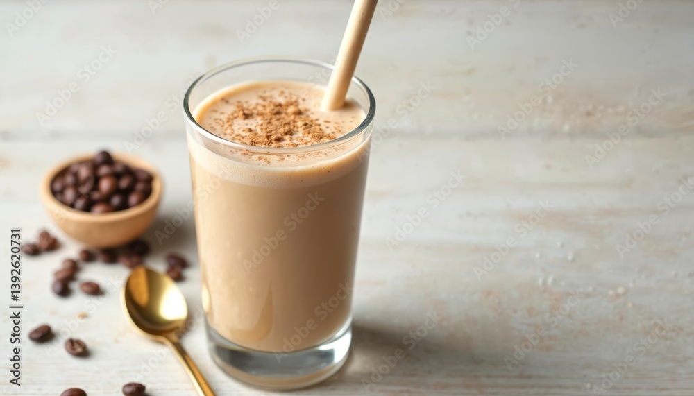 Protein coffee smoothie milkshake in glass with cinnamon on wooden background. Healthy beverage for skin beauty, joint wellness. Coffee beans, gold spoon nearby. Collagen drink for breakfast. Morning Protein coffee smoothie milkshake in glass with cinnamon on wooden background. Healthy beverage for skin beauty, joint wellness. Coffee beans, gold spoon nearby. Collagen drink for breakfast. Morning