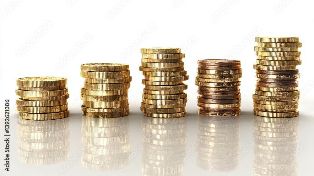 Five stacks of golden coins on a white background with reflection. Artwork illustration representing economy, savings, finance, and budgeting. Banks, financial institutions. Saving. Five stacks of golden coins on a white background with reflection. Artwork illustration representing economy, savings, finance, and budgeting. Banks, financial institutions. Saving.