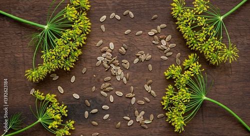 Dill Seeds and Blossoms on Dark Wood Background: A Flatlay Photograph AI Generated
