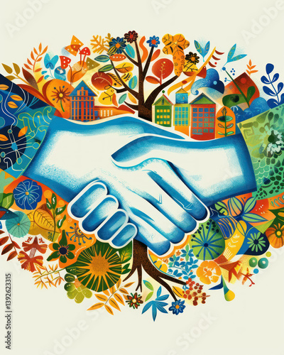 Agreement on social impact initiatives, handshake with charity projects in the background, photo