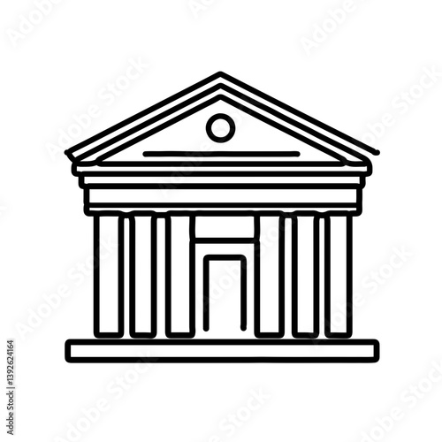 Bank building icon in outline style with classical columns and a dollar sign, vector illustration.
