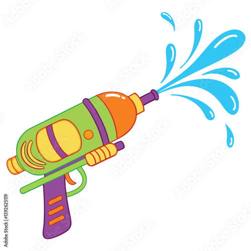 A colorful water gun  shoots a stream of blue water with splashes.