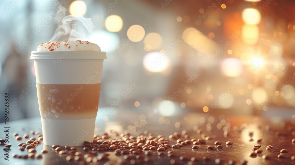 Steaming Cappuccino Coffee In Disposable Cup With Beans