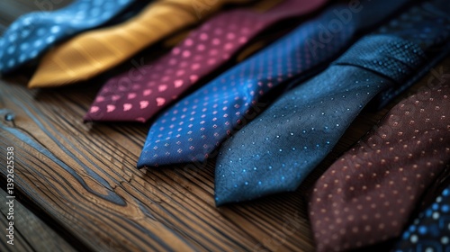 Obraz na płótnie Assorted Mens Neckties Arranged on Wooden Surface w salonie