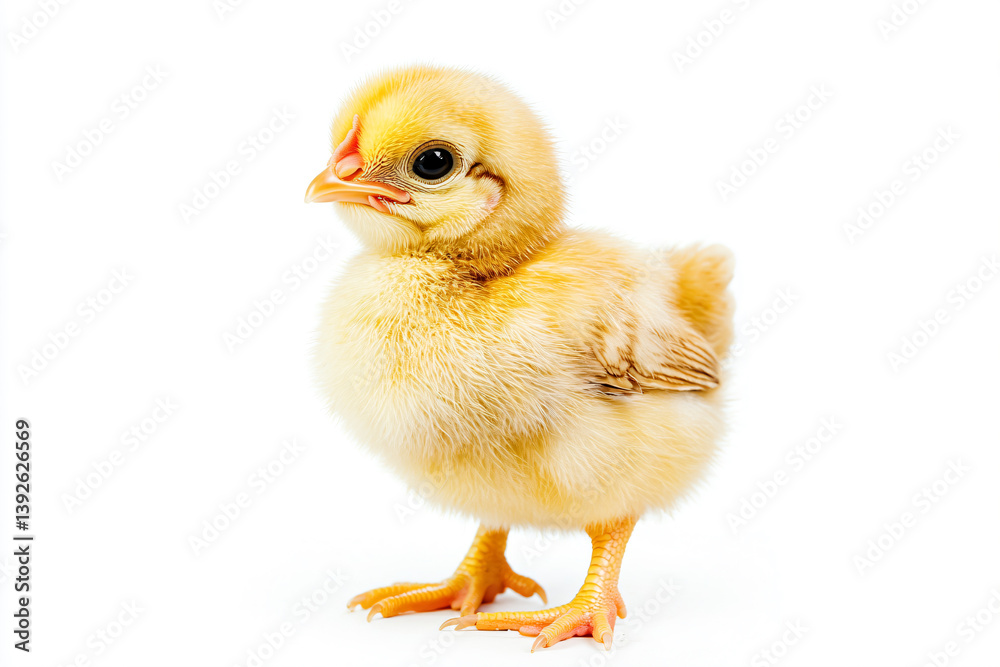 Fototapeta premium a small yellow chicken standing on a white surface