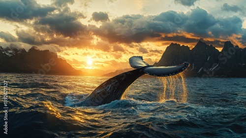 A whale’s tail breaches golden waters against a dramatic, mountainous sunset. Powerful and serene ocean scene