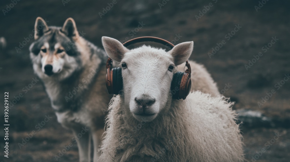 Obraz premium A sheep wearing headphones in nature
