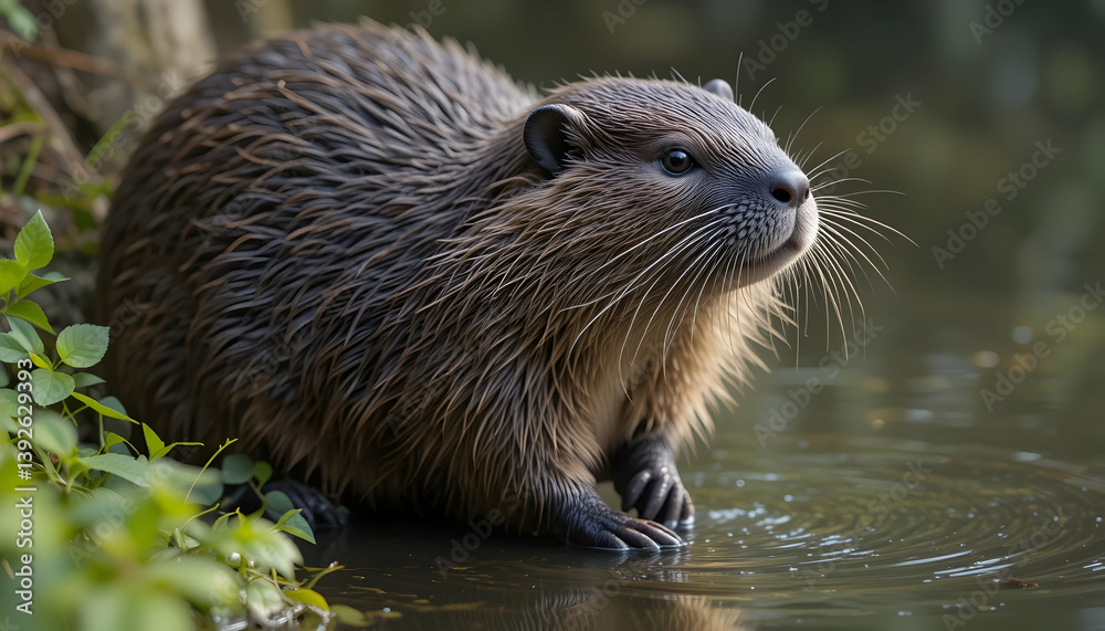 Nutria Standing in Water Near Green Plants on a Sunny Day Nutria Standing in Water Near Green Plants on a Sunny Day