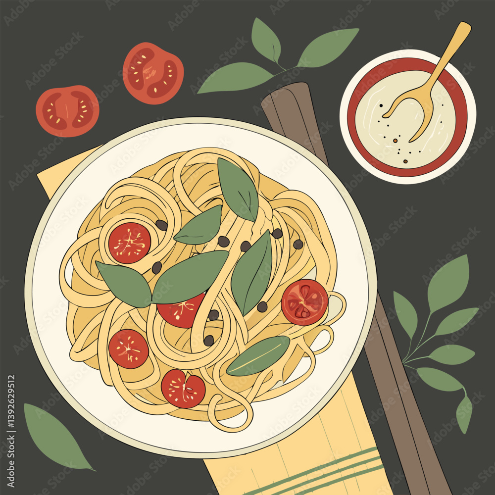 Prato de macarrão com manjericão e tomates frescos, sobre mesa escura com tomates sal, folhas verdes espalhada ao lado. Fotografia de alimentos, vista ... 