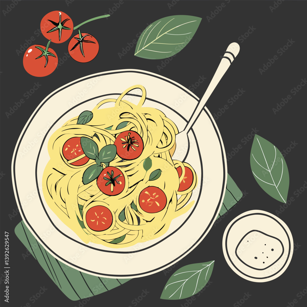 Prato de macarrão com manjericão e tomates frescos, sobre mesa escura com tomates sal, folhas verdes espalhada ao lado. Fotografia de alimentos, vista ... 