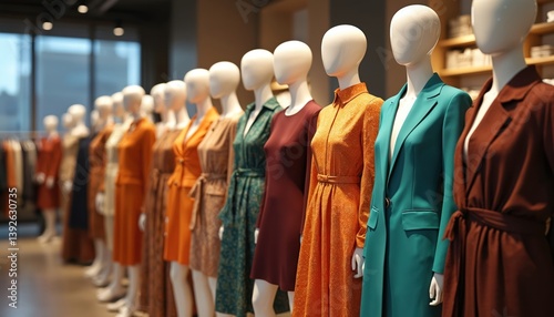 Stylish mannequins showcase diverse outfits in modern boutique. Clothes fashion retail concept presents various trending apparel. Shop display with dresses jackets. Retail merchandising style.
