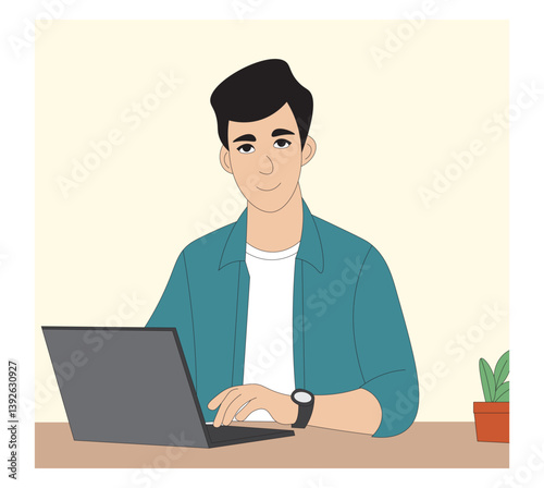 Young Man Working on Laptop Remote Work and Freelancing Concept Vector. Freelancer at Home Using Laptop Work from Home Concept Illustration.