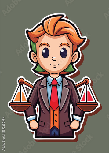 Cute lawyer character holding scales of justice.