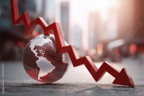Red arrow diagraphs showing big money stock market crash and recession globally. Earth globe in the background