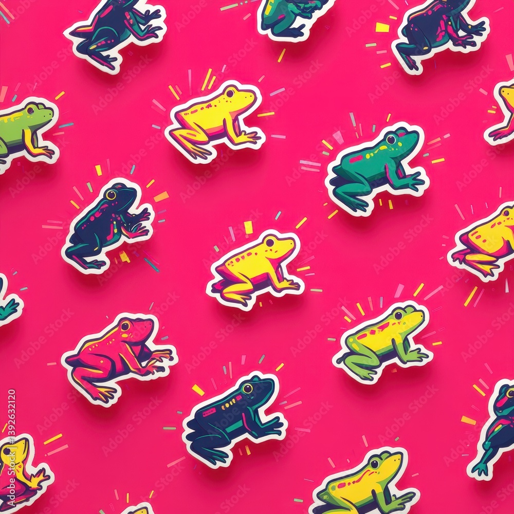 Obraz premium Colorful Frog Stickers on Bright Pink Background for Creative Projects