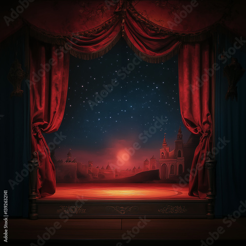 Theater or stage background - red curtains - Aladdin theme backdrop for theatrical production or playbill. Nazareth or religious concert biblical stage backdrop.