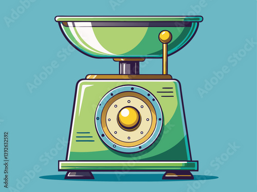 A professional vector of a retro-style mechanical kitchen scale with a metal bowl, placed on a solid light blue background