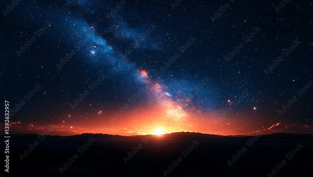 Naklejka premium Cosmic Sunrise Milky Way over Majestic Mountains.