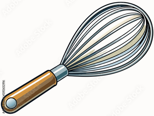 A detailed vector illustration of a stainless steel whisk with a comfortable handle, isolated on a white background