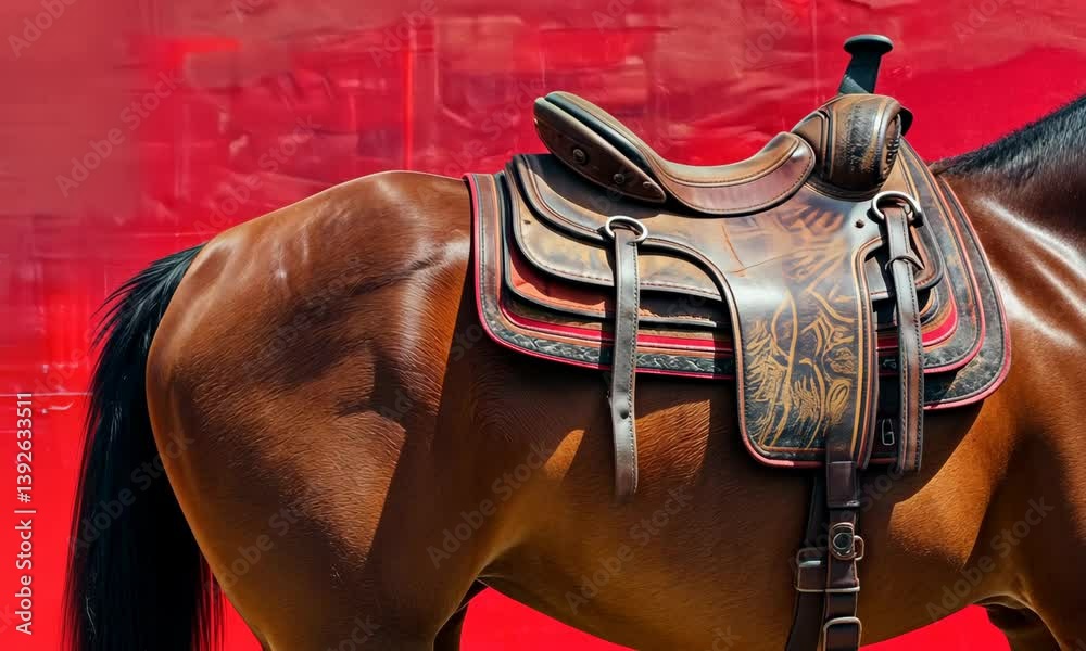 Detailed horse saddle against vibrant red wall
