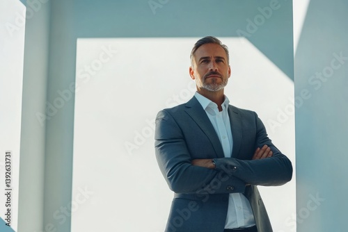 Portrait of a mature businessman standing with arms crossed in a modern office space, exuding confidence and professionalism