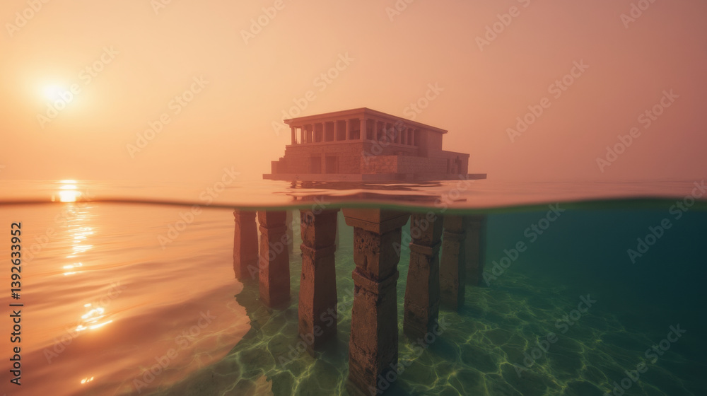 serene underwater view of temple structure partially submerged, with pillars rising from water. soft glow of sunset creates tranquil atmosphere