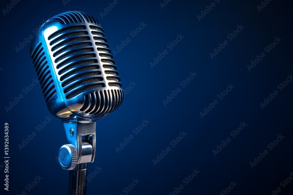 Fototapeta premium Classic microphone on blue backdrop, evoking nostalgia and the golden age of broadcasting