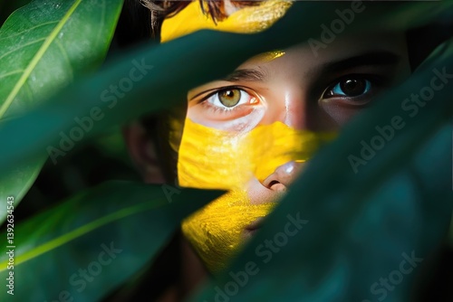 Teenage boy with yellow face paint, hidden in foliage