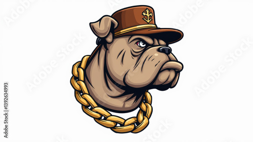Bulldog wearing cap and gold chain, showcasing tough and confident expression. This illustration captures unique character and style