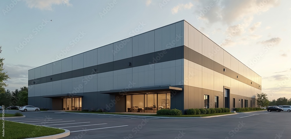 Obraz premium Modern logistic business warehouse exterior with parking lot. Commercial office building, cargo dispatch terminal, storage. Modern architecture, industrial estate. Delivering products, goods,
