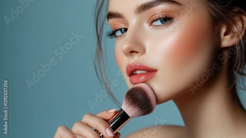 Young woman applying makeup with a brush, soft blue background highlighting beauty
