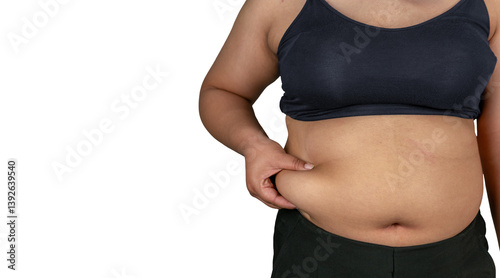 Fat woman fat belly chubby obese woman hand holding excessive belly fat isolated on white background with clipping paths.