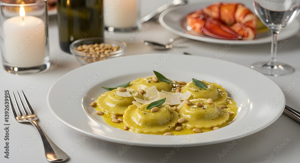 A romantic setting of lobster ravioli with a creamy sage butter sauce, garnished with toasted pine nuts and parmesan shavings, served on a white tablecloth in soft candlelight. A romantic setting of lobster ravioli with a creamy sage butter sauce, garnished with toasted pine nuts and parmesan shavings, served on a white tablecloth in soft candlelight.