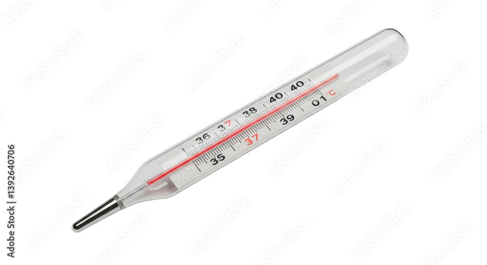Isolated Glass Mercury Thermometer Close-up Showing Temperature Isolated Glass Mercury Thermometer Close-up Showing Temperature