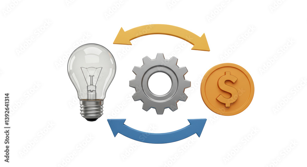 Isolated Idea Conversion with Light Bulb, Gear, and Coin Isolated Idea Conversion with Light Bulb, Gear, and Coin
