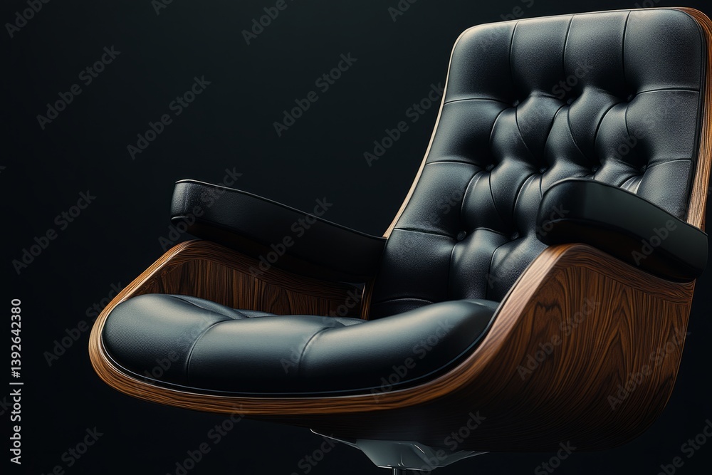 Modern lounge chair made of wood and black leather resting on a dark background