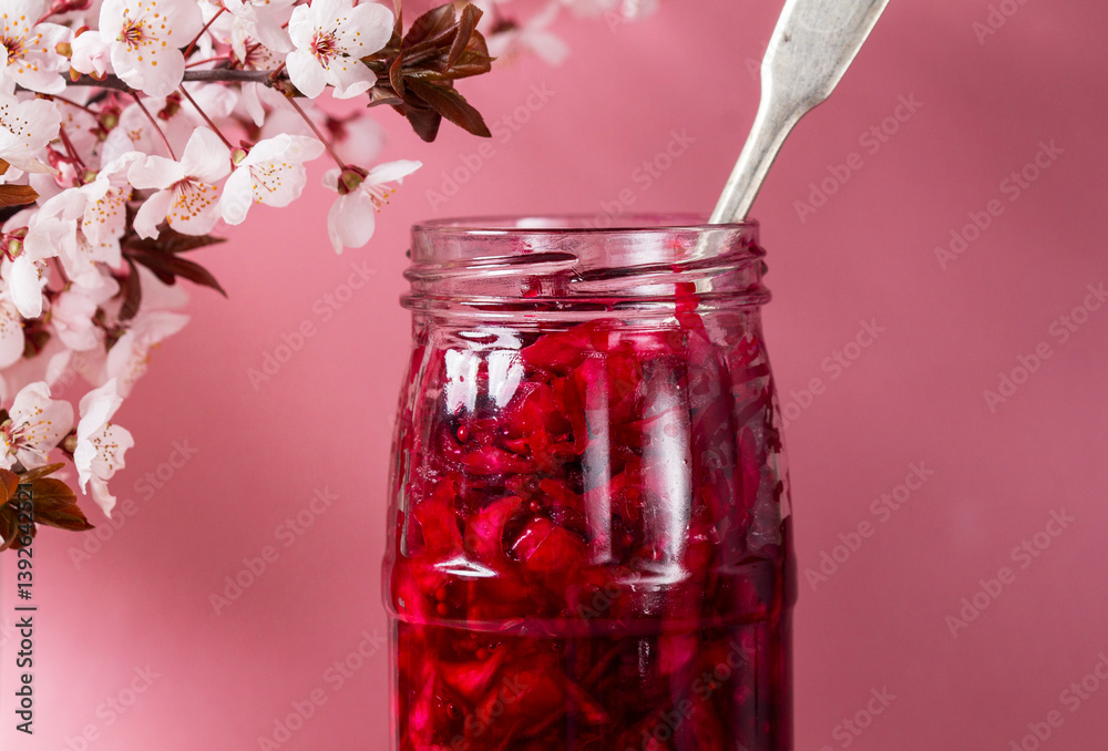 Pickled cabbage with beetroot, rosemary, mustard and other spices, and plum blossoms.