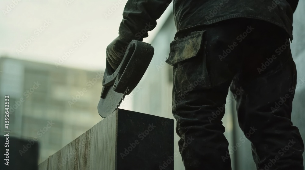 A carpenter cutting wood with a saw at a construction site. Featuring craftsmanship and technique A carpenter cutting wood with a saw at a construction site. Featuring craftsmanship and technique