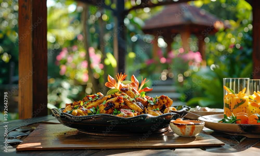 Tropical outdoor dining, grilled dish, refreshing drinks, scenic backdrop, lush greenery